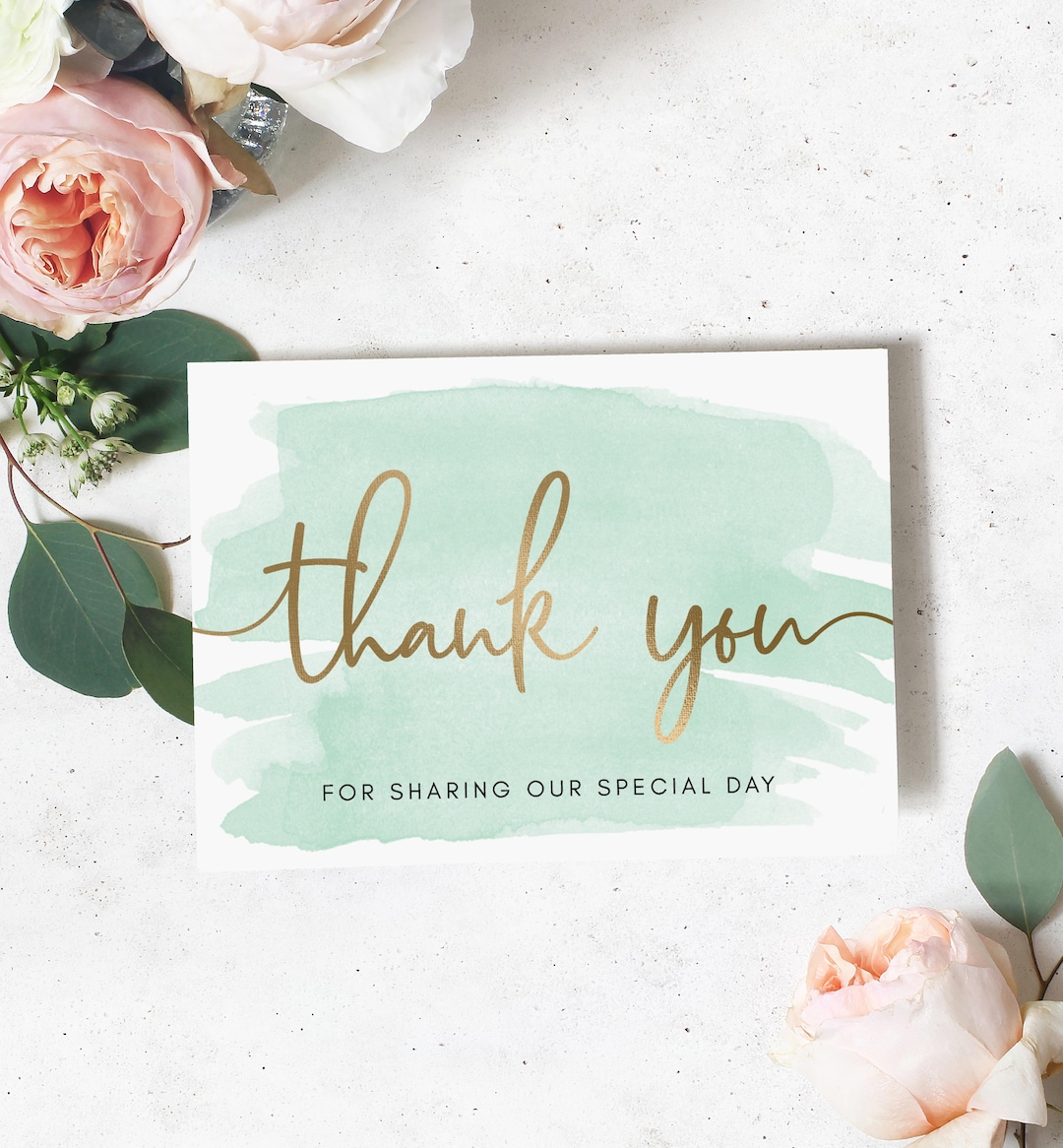 Mint Green Folded Thank You Card Template Gold Foil Printable Editable Thank You Card Template