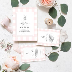 Druckbares Baby-Dusche-Einladungsset, Bücher für Babykarte, Windel-Los, rosa kariertes Häschen, Gild-Babyparty, Baby-Grillen Evite