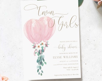 Twin Girls Baby Shower Invitation, Ready to Pop Balloon Invite Printable Template, Darlington