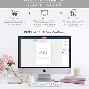 May include: A computer screen displaying a wedding sign template that says "Please sign our bible". The template is being edited on a website called Corjl.com. The screen is on a desk with a pink flower, a white candle, and a keyboard.