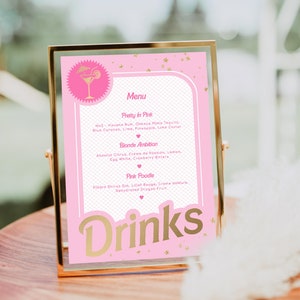 Enseigne modifiable de boissons, carte de cocktails, carte de boissons pour fête d'anniversaire, feuille d'or rose, menu de plats, menu de fête de poupée