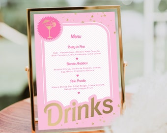 Editable Drinks Menu Sign, Cocktail Menu, Birthday Party Beverage Menu, Pink Gold Foil, Food Menu, Doll Party Menu