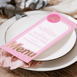 Bearbeitbares Abendmenü, druckbares Mittagsmenü für Geburtstagsfeier, Rosa Goldfolie, Menü für Lebensmittel, Menü für rosa Puppenparty