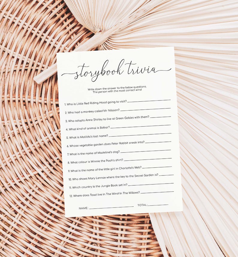 Printable Storybook Trivia Game: Minimalist Baby Shower Quiz (5x7 & A5 ...