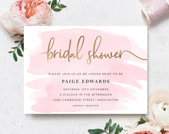 Pink Watercolour Bridal Shower Invitation -  Gold Foil - Pink Watercolor - Printable Editable Hens Party  Invitation - Instant Download