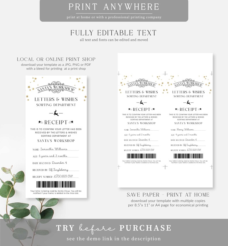 Peut inclure: Un mod&egrave;le imprimable de re&ccedil;u de l'Atelier du P&egrave;re No&euml;l. Le design comprend le texte "Letters & Wishes Sorting Department" et "Receipt". Le mod&egrave;le est enti&egrave;rement modifiable et t&eacute;l&eacute;chargeable en JPG, PNG ou PDF.