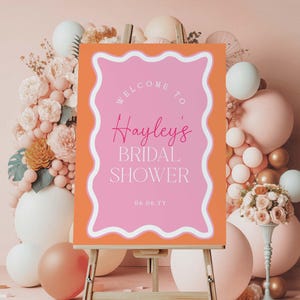 Plantilla de letrero de bienvenida imprimible, letrero de bienvenida para despedida de soltera, línea curva de onda rosa y naranja, póster para despedida de soltera, letrero para despedida de soltera