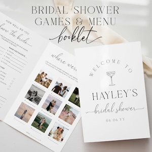 May include: A bridal shower game booklet with a "Where Were We?" game featuring photos of a couple. The booklet also includes a "How Well Do You Know the Bride?" game. The cover of the booklet says "Welcome to Hayley's Bridal Shower 06.06.YY".