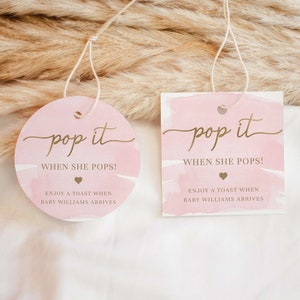 Pop It When She Pops Favor Tag and Bottle Label, Printable Baby Shower Champagne Pop It Favor Tag, Pink Watercolor Mini Wine Bottle Label