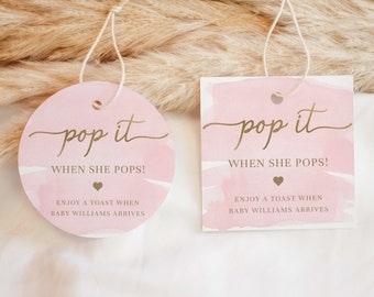 Pop It When She Pops Favor Tag and Bottle Label, Printable Baby Shower Champagne Pop It Favor Tag, Pink Watercolor Mini Wine Bottle Label