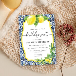 Birthday Party Invitation, Positano Lemons Blue Tile Birthday Invite, Printable Girl Birthday Party Invitation, Male Birthday Party Invite