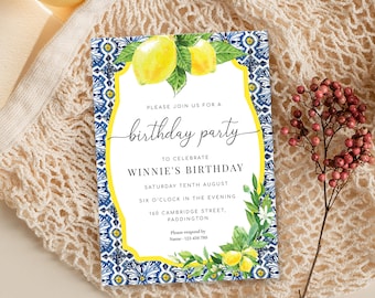Positano Lemon Birthday Invitation, Blue Tile Party Invite (Printable)