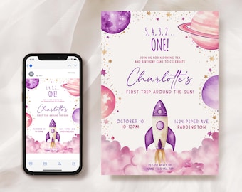 First Trip Around The Sun Birthday Invitation, Space Girl Evite (Printable)
