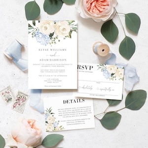 Modello modificabile per inviti di nozze, cartolina RSVP, invito di nozze con rosa bianca e ortensia blu, download immediato, Darcy Floral