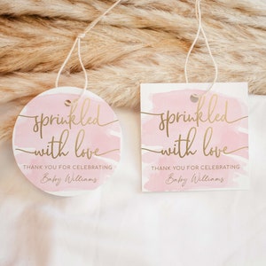 Baby Sprinkle Favor Tag Template, Printable Sprinkled With Love Tag, Girl Baby Shower Favor Tag, Pink Watercolor, Baby Shower Gift Tag