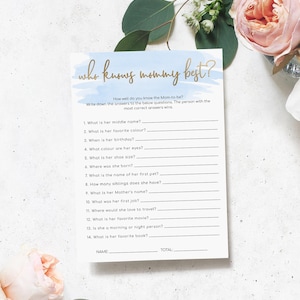 Who Knows Mommy Best? How Well Do You Know Mummy Game - Blue Watercolour Boy Baby Shower Game - Gold Foil - Printable Shower Games