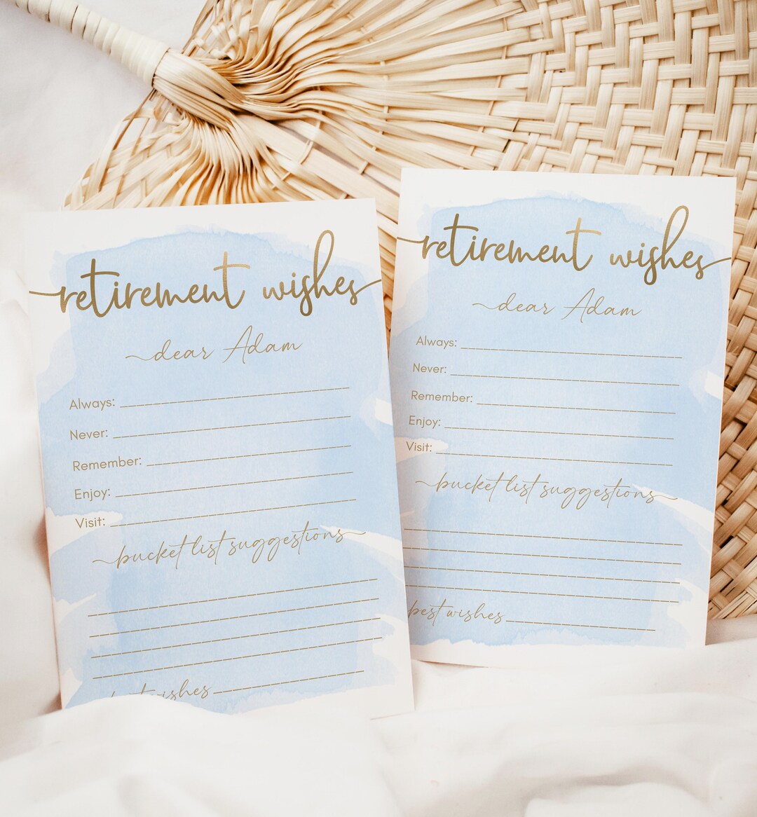 Printable Retirement Wishes Template, Blue Watercolour Gold Retirement ...