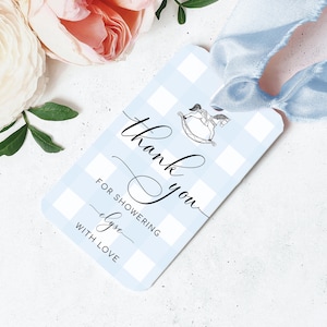 Thank You Favour Tag Template, Blue Gingham Rocking Horse Baby Shower Favor Tag, Baby Boy Blue Check Favor Tag, Blue Plaid Favor Tag