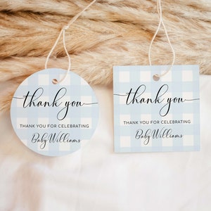 May include: Two blue and white gingham thank you tags with the text "thank you" and "Thank you for celebrating Baby Williams".