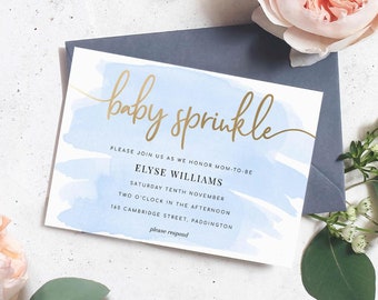 Blue Baby Sprinkle Invitation – Gold Foil, Watercolour (Printable Editable Template)