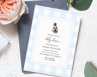 Può includere: Un invito a una baby shower blu e bianco a quadri vichy con un'illustrazione in bianco e nero di un cane. L'invito recita "Si prega di unirsi a noi per una baby shower in onore della futura mamma Elyse Williams Sabato 12 aprile Dieci del mattino 160 Cambridge Street, Paddington Si prega di rispondere tramite Nome-123 456 789"