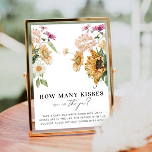 Zonnebloem raad eens hoeveel bord en kaart, boho vrijgezellenfeest raad eens hoeveel spel, vintage herfstgroen babyshowerspel, stallen bloemen