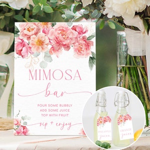 Letrero de barra de mimosa con peonías rosas y etiquetas para jugos, menú imprimible de cócteles para despedida de soltera, letrero de barra de mimosa con flores ruborizadas para baby shower, Piper