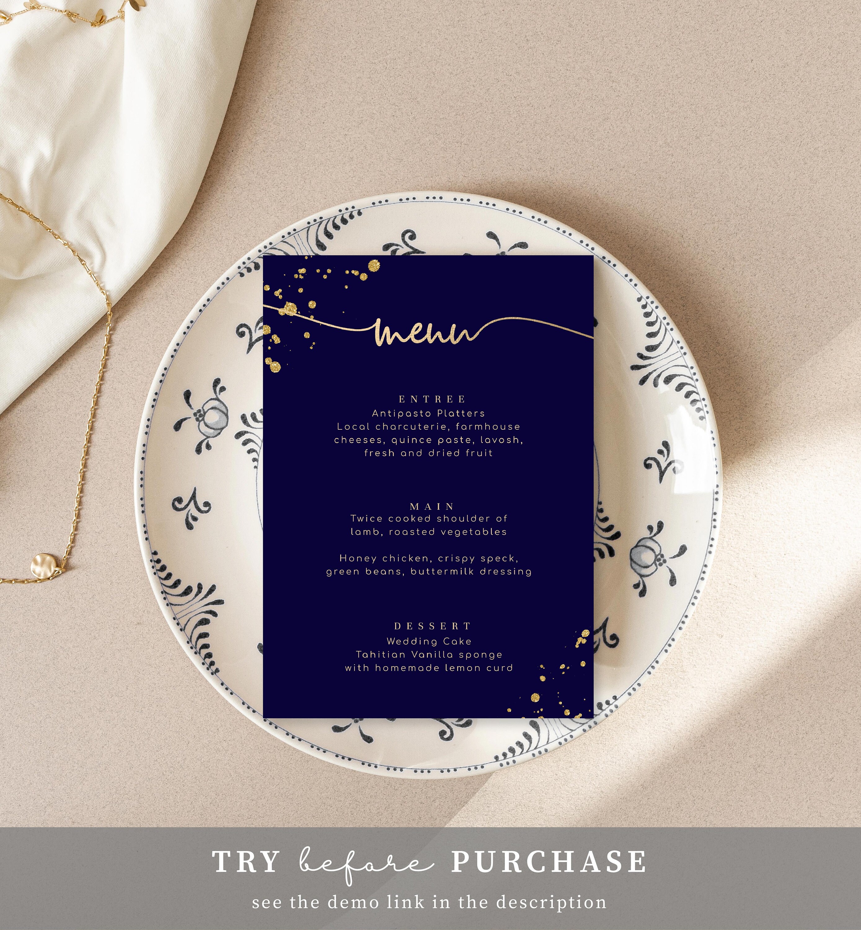 Navy and Gold Editable Printable Menu Template Wedding Menu | Etsy