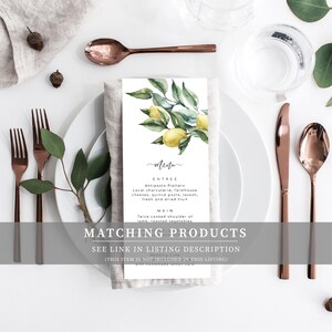 May include: A watercolor illustration of a lemon branch with green leaves and yellow lemons. The illustration is on a white card with the text "Menu" at the top and a sample menu for an event. The text reads "Entree: Antipasto Platters Local charcuterie, farmhouse cheeses, quince paste, lovosh, fresh and dried fruit. Main: Twice cooked shoulder of lamb, roasted vegetables. Matching Products See link in listing description (This item is not included in this listing)"