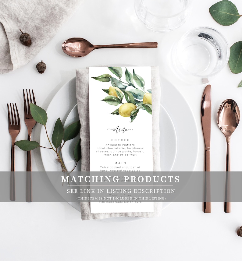 May include: A watercolor illustration of a lemon branch with green leaves and yellow lemons. The illustration is on a white card with the text "Menu" at the top and a sample menu for an event. The text reads "Entree: Antipasto Platters Local charcuterie, farmhouse cheeses, quince paste, lovosh, fresh and dried fruit. Main: Twice cooked shoulder of lamb, roasted vegetables. Matching Products See link in listing description (This item is not included in this listing)"