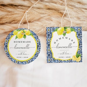 Printable Homemade Limoncello Favour Tags, Italian Positano Blue Tile Lemon Favor Tag, Bridal Shower Favor Tag, Lemon Wedding Favor Tags