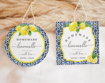 Printable Homemade Limoncello Favour Tags, Italian Positano Blue Tile Lemon Favor Tag, Bridal Shower Favor Tag, Lemon Wedding Favor Tags