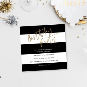 Editable Birthday Party Invitation - Printable Striped Unisex Birthday Invite - Male Invitation - Black & White Stripe - Gold Foil