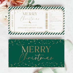 Könnte beinhalten: Zwei Tickets zum Thema Weihnachten. Das obere Ticket ist weiß mit goldenen und grünen Akzenten und dem Text "MERRY Christmas" sowie Platz für Veranstaltungsdetails. Das untere Ticket ist dunkelgrün mit goldenen Sternen und den Worten "MERRY Christmas".