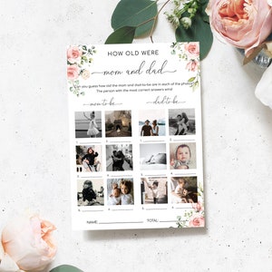 Gioco fotografico "Quanti anni aveva mamma e papà?", Gioco fotografico per bambini Blush Floral, Gioco di indovinello dell'età per il baby shower, Gioco per baby shower, Darcy Floral