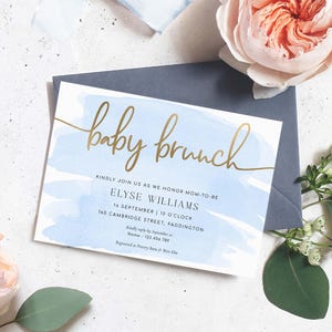 Printable Baby Brunch Invitation Template, Blue Watercolour Gold, Boy Baby Shower Invitation, Baby Sprinkle Invitation