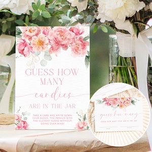Raad eens hoeveel in de pot spelbord en kaartsjabloon, blush pioenroos bloemen, afdrukbaar vrijgezellenfeestspel, bord babyshowerspel, piper