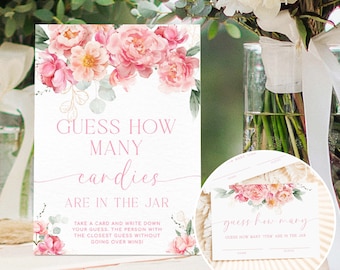 Floral Guess How Many Candies Game, Baby Shower, Pink Flowers, Printable (Digital Download, Piper
