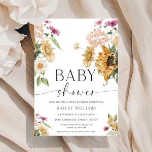 Printable Sunflower Baby Shower Invitation, Fall Floral Baby Shower ...