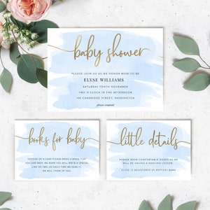 Blaues Babypartyeinladungsset, Bücher für Baby und Detailkarte, Goldfolie, Baby einladen, druckbare bearbeitbare Einladung, Aquarell