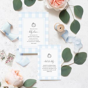 Blau Gingham Kürbis-Babyparty-Einladung, Buch Anfrage, Herbst Kürbis Baby Boy blau Gingham Picknick-Baby-Dusche-Einladung