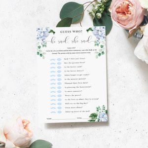 Guess Who? He Said, She Said Bridal Shower Game - Couples Shower Game - Blue Hydrangea - Who Said It First Game - Ferras Blossom