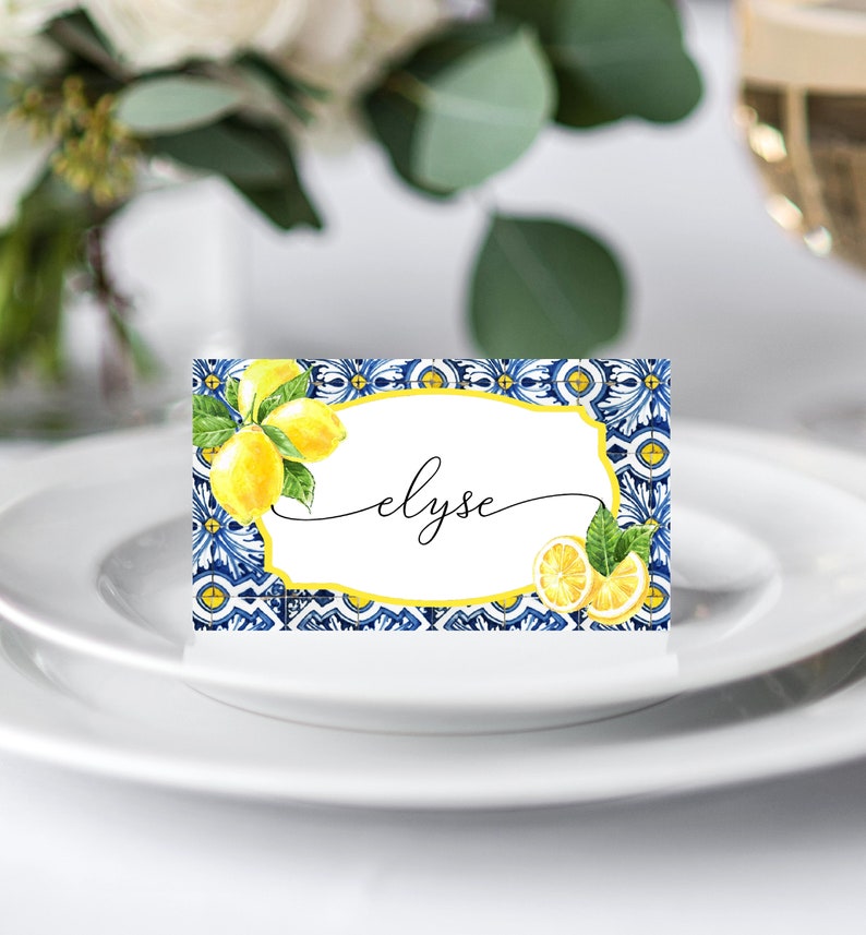 Positano Blue Tile Lemon Place Cards Wedding Escort Cards | Etsy