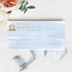 Birthday Cheque Template, Fake Bank Cheque Gift Voucher, Printable Gift Certificate Birthday Present, Birthday Gift Coupon, Blue Watercolour