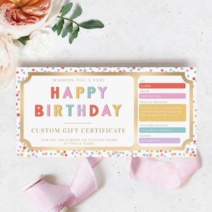 Plantilla de vale de regalo personalizado de feliz cumpleaños, certificado de regalo de cumpleaños imprimible, cupón de regalo de cumpleaños imprimible unisex, puntos múltiples