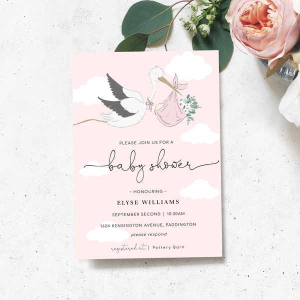 Pink Stork Shower Printable Invitation - Editable Pink Girl Cloud Baby Shower Invitation - Stork Mail Girl Baby Shower - Floral Stork