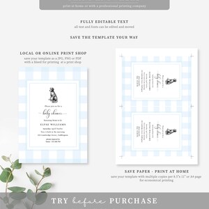 May include: A blue and white gingham patterned printable baby shower invitation with a black and white illustration of a dog. The text on the invitation reads "Please join us for a baby shower honoring Mom to be Elyse Williams Saturday April Twehe Ten o'clock in the morning 100 Cambridge Street, Paddington please respond by"