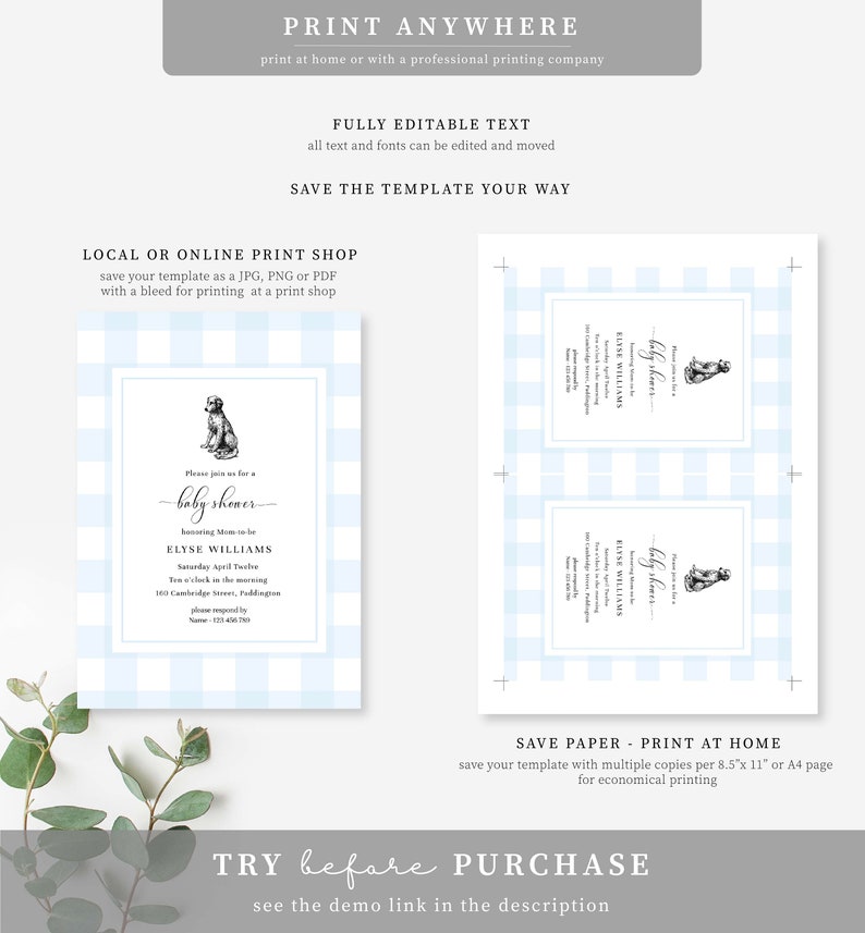 May include: A blue and white gingham patterned printable baby shower invitation with a black and white illustration of a dog. The text on the invitation reads "Please join us for a baby shower honoring Mom to be Elyse Williams Saturday April Twehe Ten o'clock in the morning 100 Cambridge Street, Paddington please respond by"