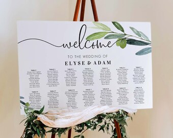 Printable Greenery Wedding Seating Chart, Olive Branch Editable Wedding Table Plan Template, Guest List Seating Poster