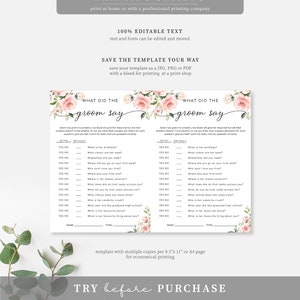 What Did The Groom Say Game Blush Floral Bridal Shower Games Editable Corjl Instant Download Hen's Party Game Darcy Floral image 4